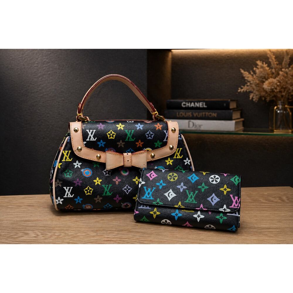 Beautiful Fancy Hand Bag & Matching Wallet Multicolor LV LOGO